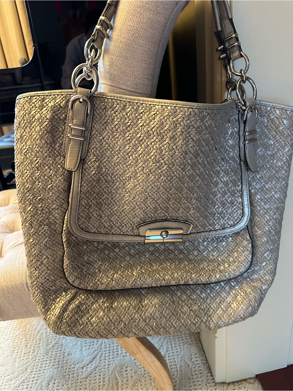 Coach Woven Metallic Silver Tote with Front Pocket